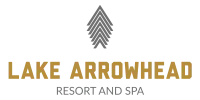 A logo for Lake Arrowhead Resort and Spa, featuring stacked gray tree-like shapes above the name in gold and gray text.