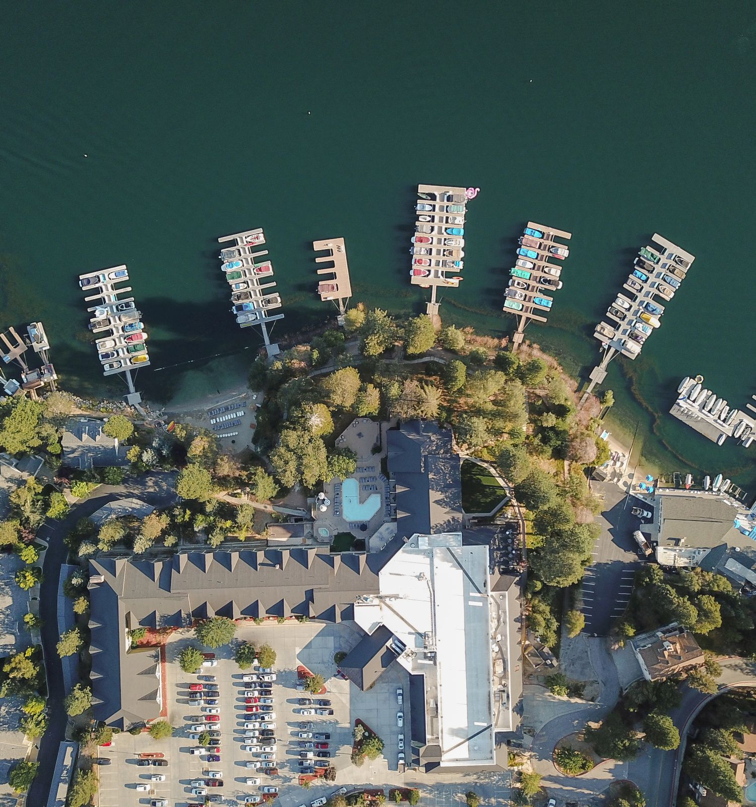 Aerial view of a lakeside marina packed with boats, docks, and a central building surrounded by trees.