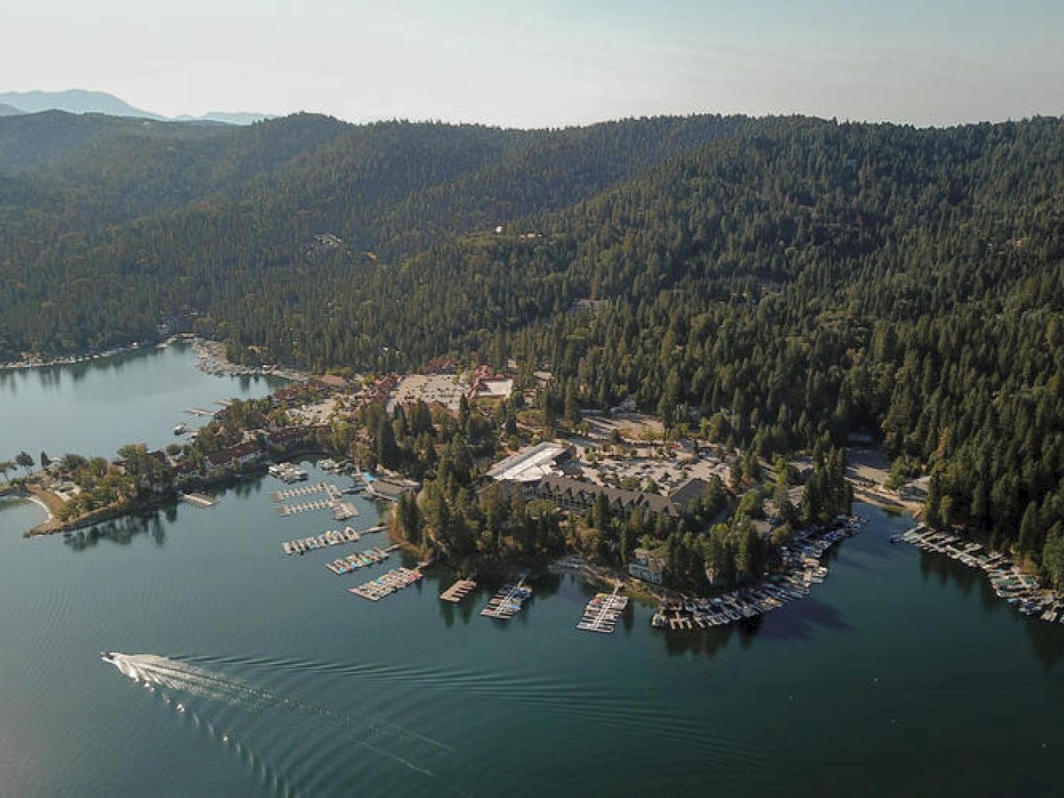 Aerial View of Lake Arrowhead Resort with mountains in background