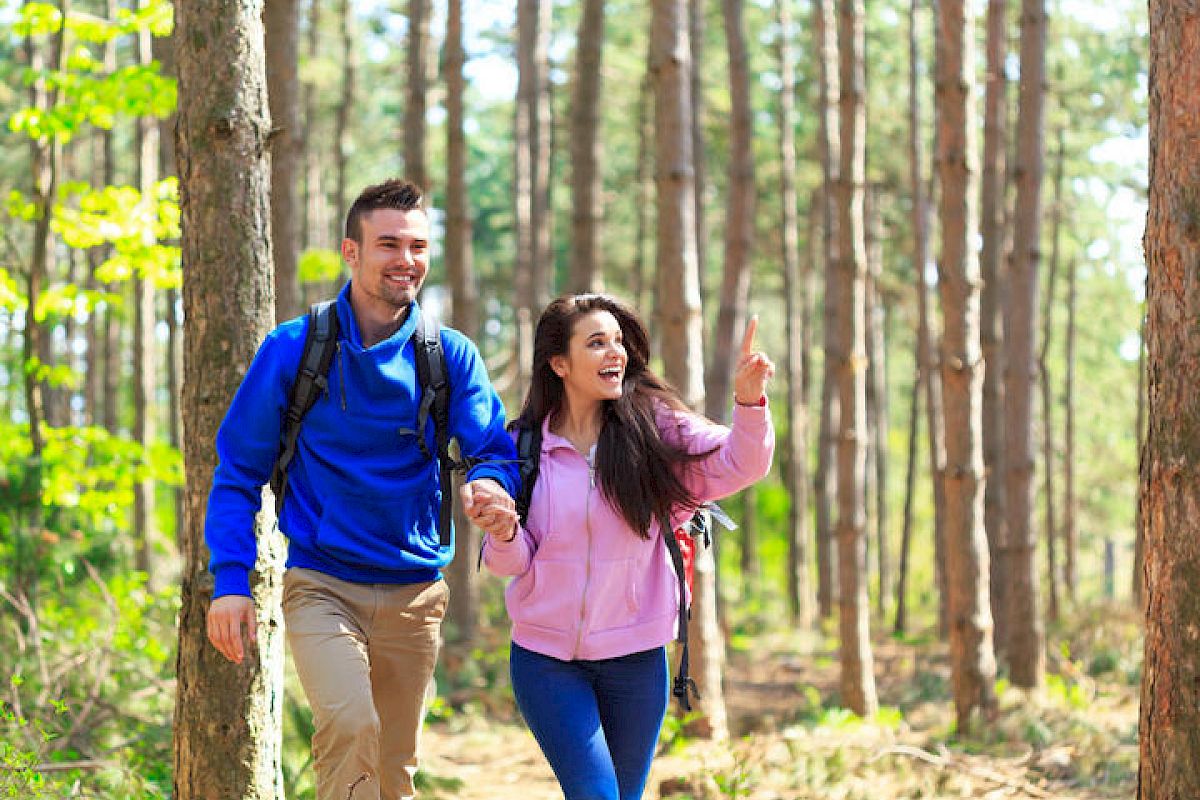 Two people are hiking in a sunny forest, smiling and enjoying the outdoors.