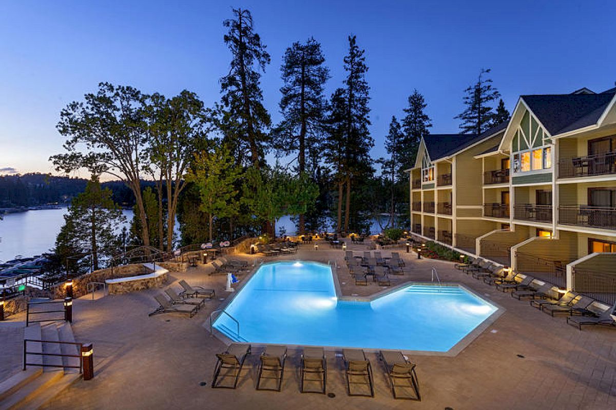 Resort Pool overlooking Lake Arrowhead at dusk