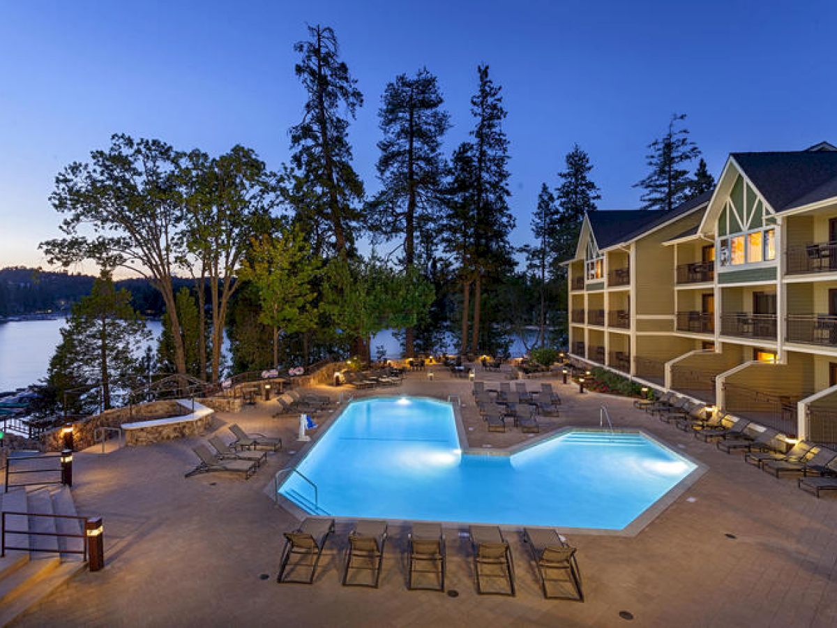 Resort Pool overlooking Lake Arrowhead at dusk