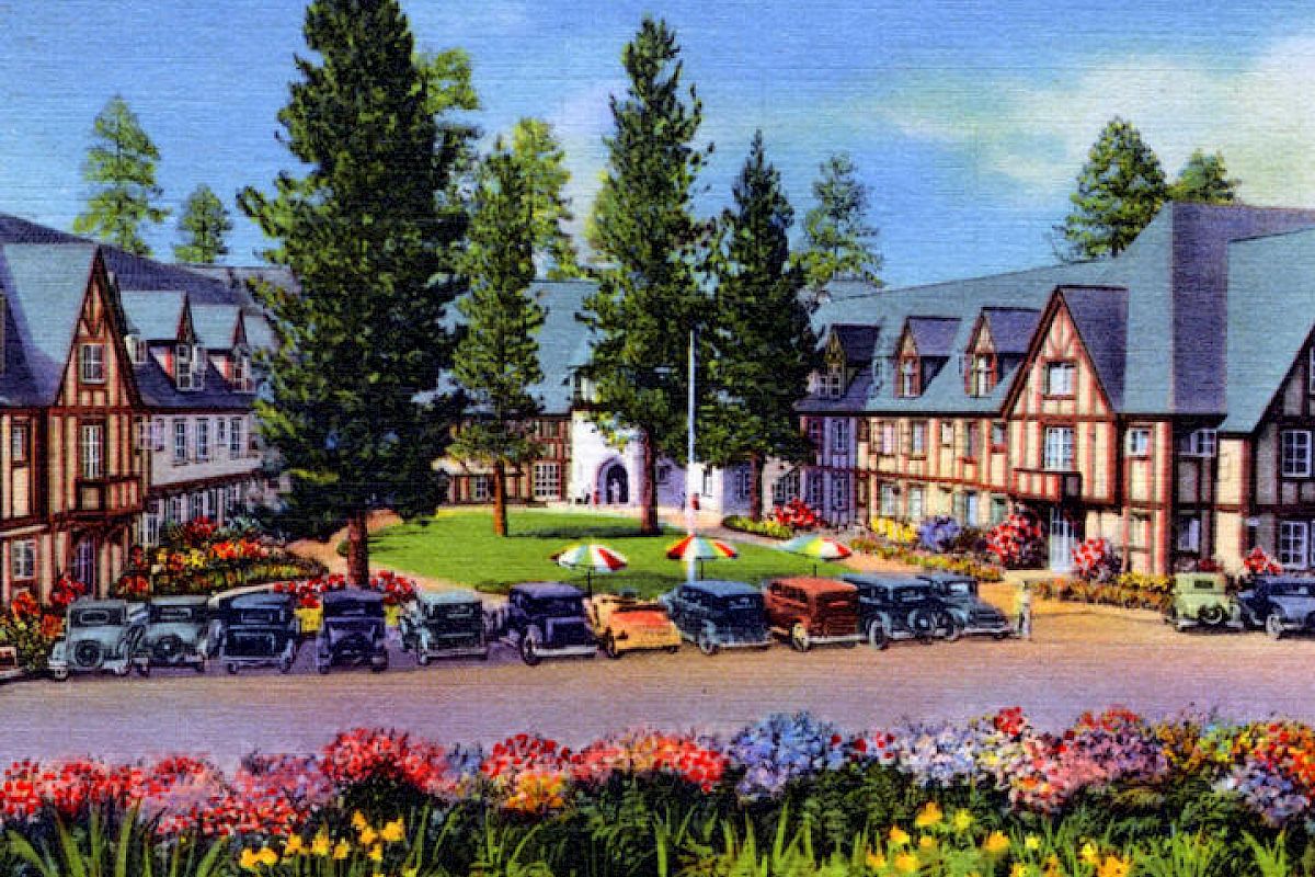 Charming vintage illustration of Lake Arrowhead Resort with lush flowers and classic cars.