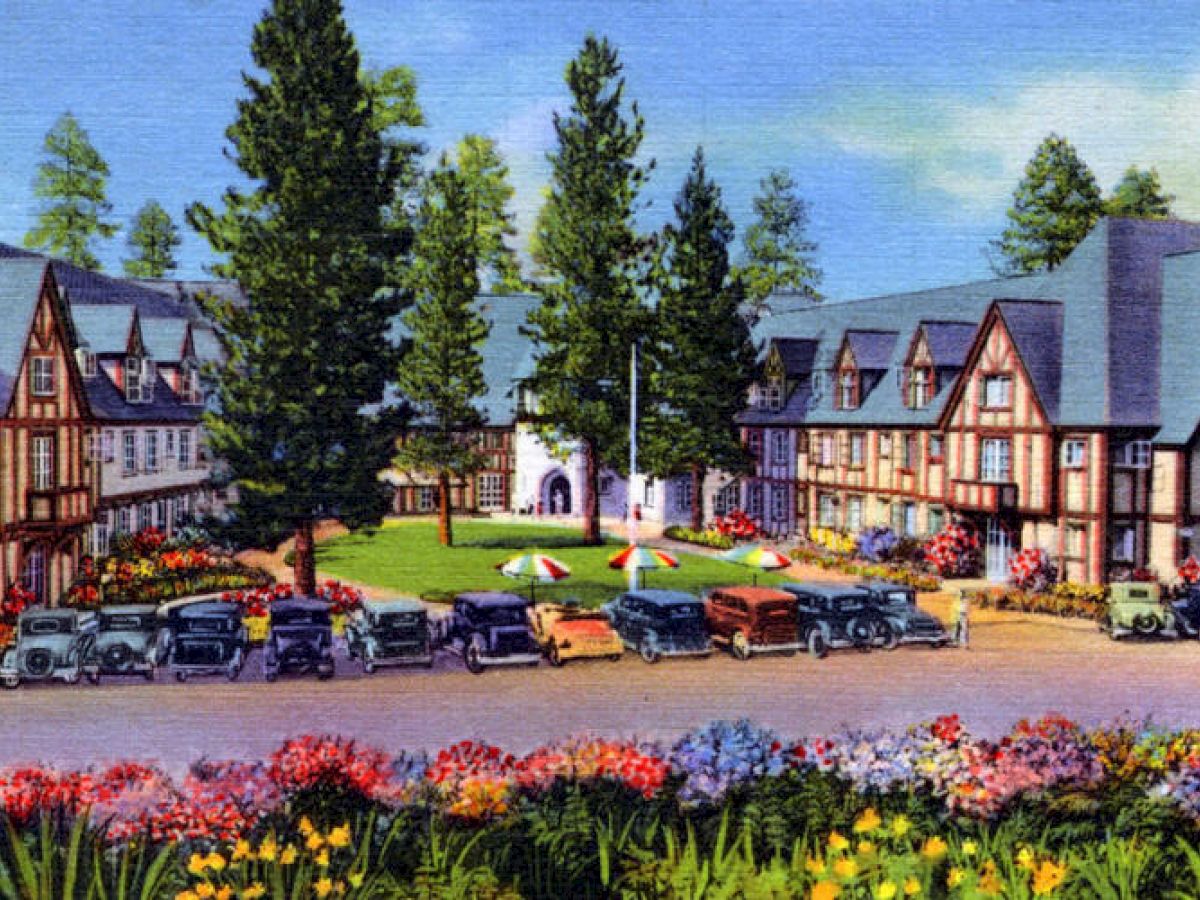 Charming vintage illustration of Lake Arrowhead Resort with lush flowers and classic cars.