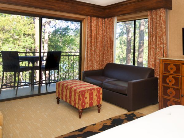 A cozy hotel room with leather sofa, bed edge, TV, wooden dresser, and large windows showing lush trees.