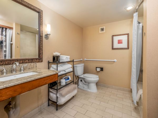 A clean accessible bathroom with a vanity, mirror, shower, toilet with grab bar, towels, and a shower curtain.