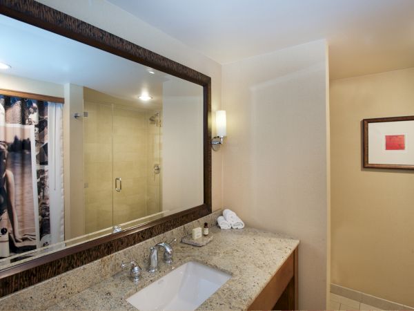 Hotel bathroom: granite sink and mirror beside a shower, with towels and framed art on the wall.