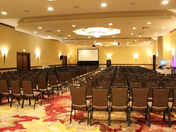 An empty conference hall with rows of chairs, patterned carpet, lighting overhead, and a projection screen at the front.