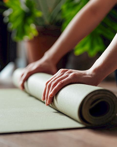 Hands rolling up a yoga mat on a wooden floor, with greenery in the background.