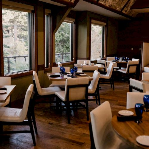 A cozy restaurant dining room with set tables, blue goblets, and large windows overlooking greenery and trees.