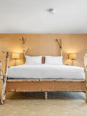 A cozy hotel bedroom with a white bed, birch-log frame, bedside lamps, curtains, and beige walls.