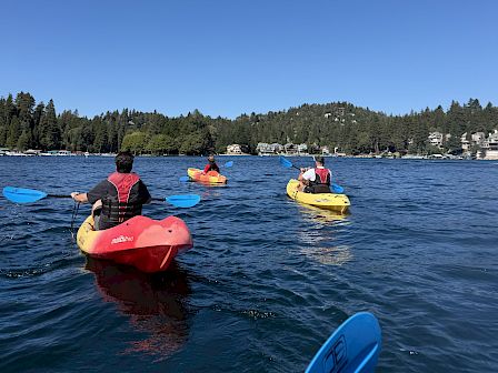 Kayakers paddle on a calm lake under a vast blue sky, with evergreen trees and waterfront homes along the shore.