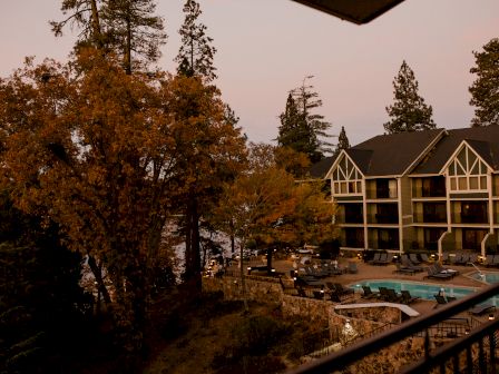 Outdoor resort courtyard with a swimming pool, lounge chairs, warm lights, tall trees, and a multi-story building.