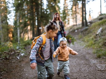 A family walks on a forest trail as a girl leads her little brother, with an adult following in the background.