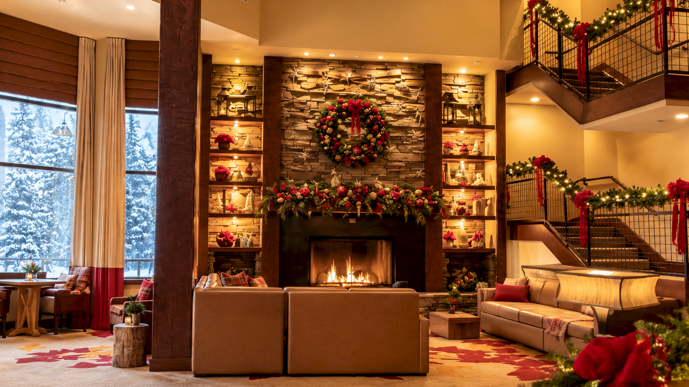 A cozy holiday living room with a lit Christmas tree, wreaths, and a crackling fireplace under warm lights.