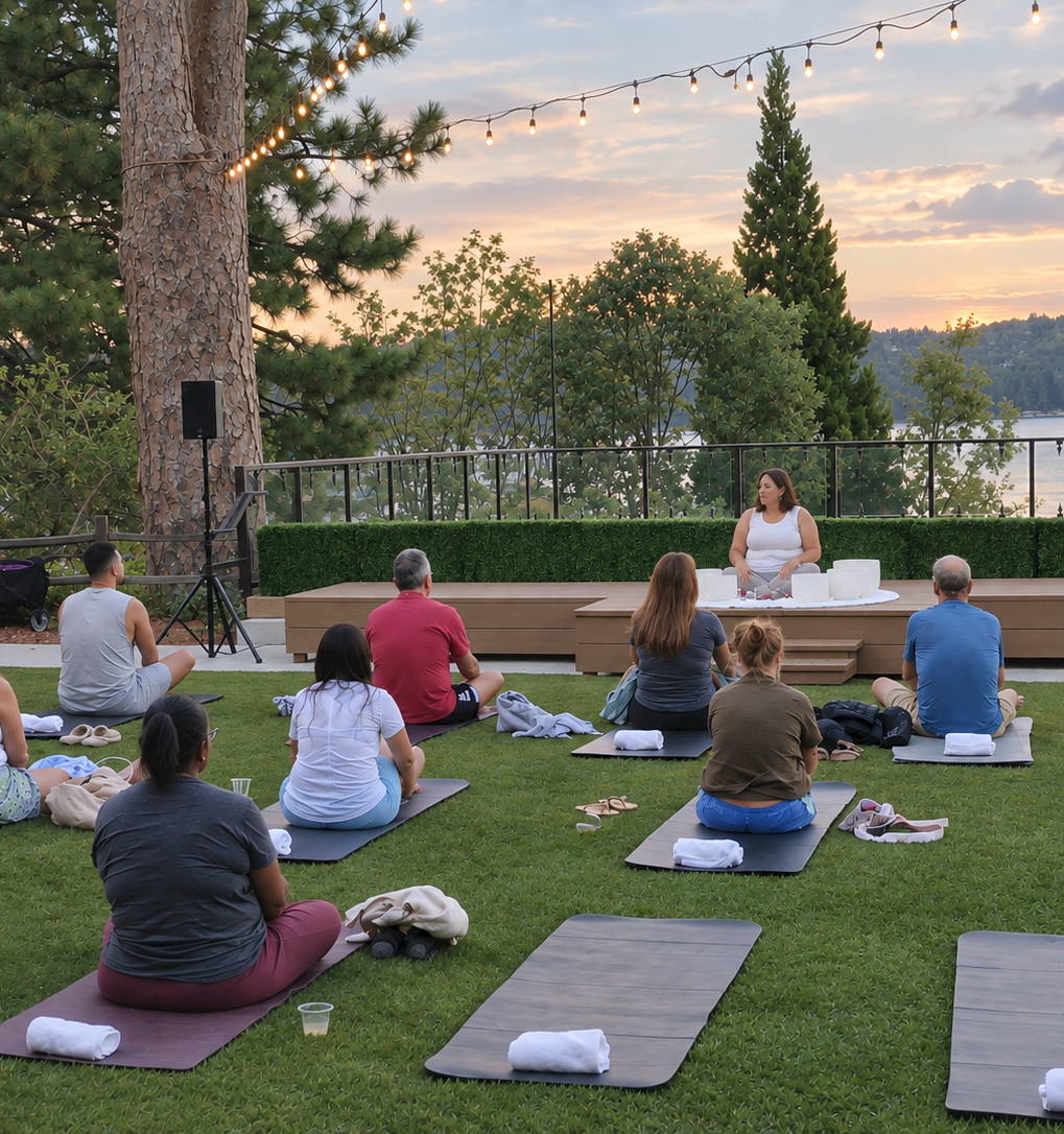 People sit on yoga mats in an outdoor class at sunset by a lake, with string lights and a teacher at the front.