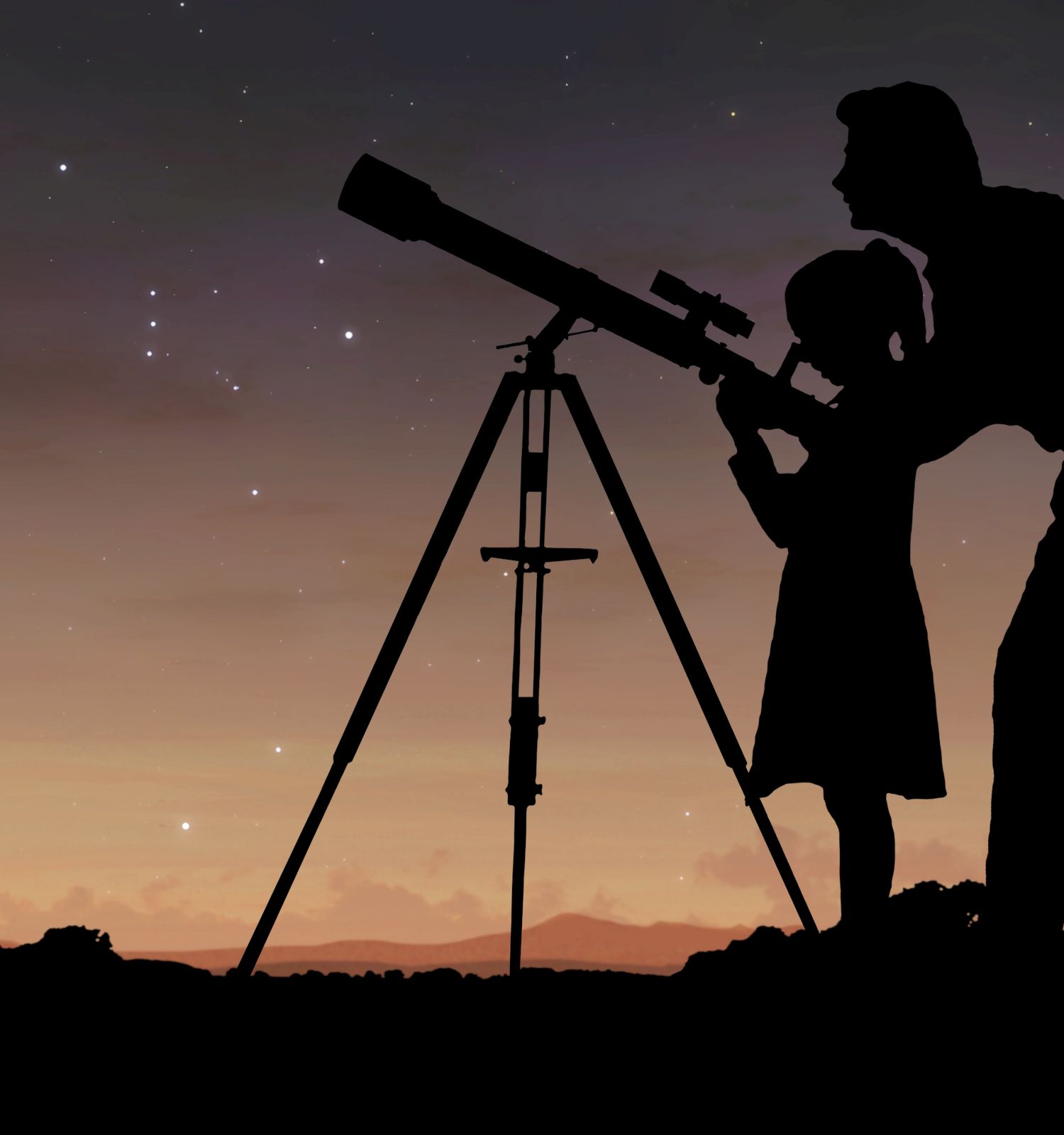 Silhouette of an adult and child using a telescope under a starry sky at dusk, with a landscape horizon in the background.