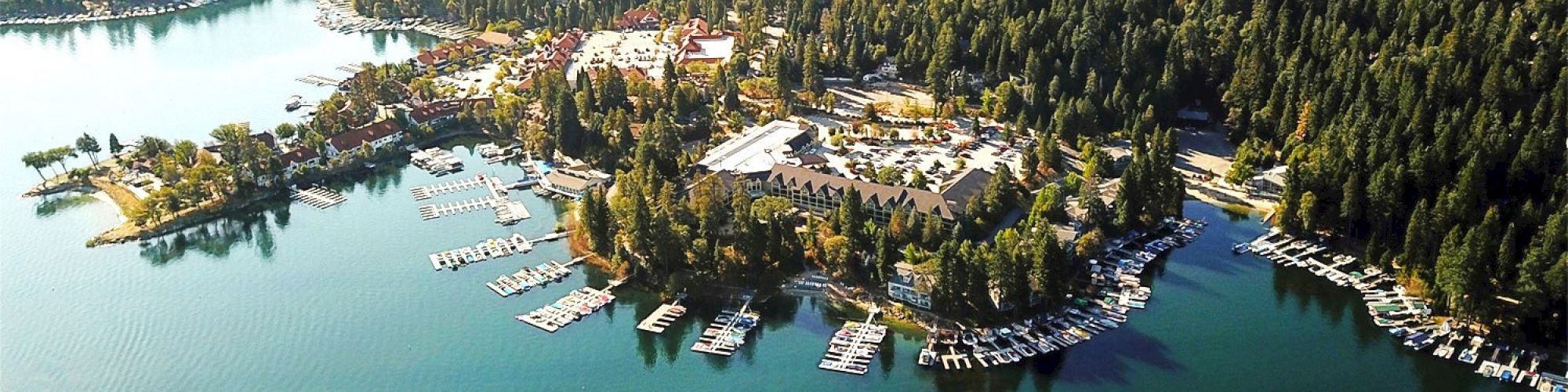 Aerial view of a lakeside community surrounded by dense forests, with boats on the water and a small marina in the foreground.