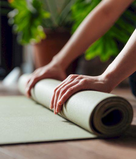 Hands rolling up a yoga mat on a wooden floor, with green plants in the background.
