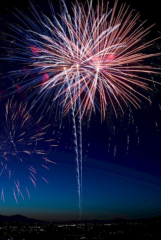A vibrant display of fireworks lights up the night sky, with colorful bursts radiating outwards against a dark, clear backdrop.
