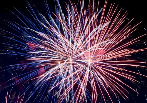 A vibrant burst of fireworks illuminates the night sky over a silhouetted landscape, adding vivid colors to the serene backdrop of dusk.