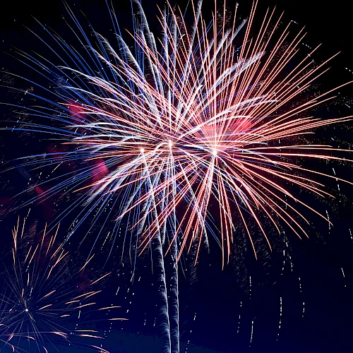 A vibrant burst of fireworks illuminates the night sky over a silhouetted landscape, adding vivid colors to the serene backdrop of dusk.