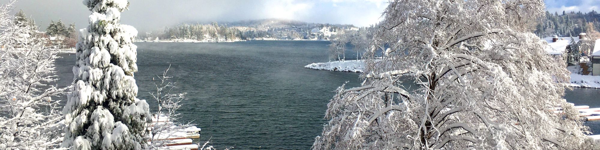 Snow-covered trees by a calm lake, with a frosty balcony railing in the foreground and a partly cloudy sky in the background.