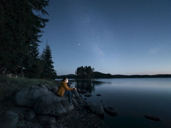 A person in a jacket sits on rocks near a calm lake at dusk, holding a light. Pine trees and a clear sky with stars are in the background.