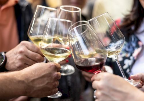 A group toasting with wine glasses, clinking in celebration. Cheers to friendship and moments shared together.