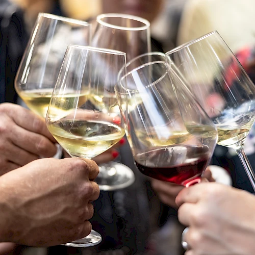 A group toasting with wine glasses, clinking in celebration. Cheers to friendship and moments shared together.